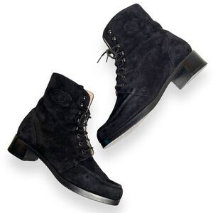 Chanel Classic CC Logo Lace Up Combat Black Suede Leather Boots Size 37